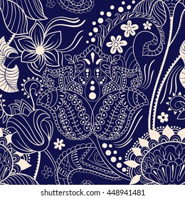 Vintage seamless pattern. Flowers background in Indian style. Decorative ornament backdrop for fabric, textile, wrapping paper, card, invitation, wallpaper, web design
