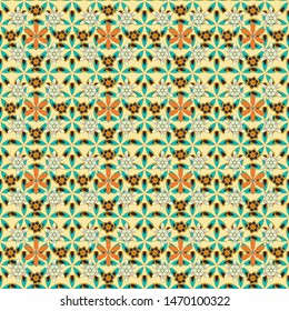 Vintage seamless pattern a lot of flowers in blue, yellow and beige colors. Imitation embroidery. Hand drawn, separated editable elements. Vector illustration.