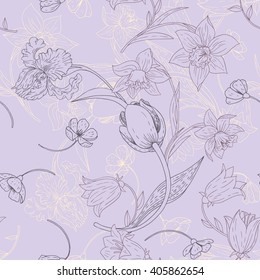 vintage seamless pattern with flowers, floral ornament, hand drawn vector background