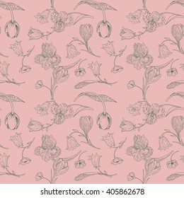 vintage seamless pattern with flowers, floral ornament, hand drawn vector background