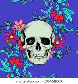 Vintage seamless pattern with flowers and human skull. Black background. Vector illustration. 