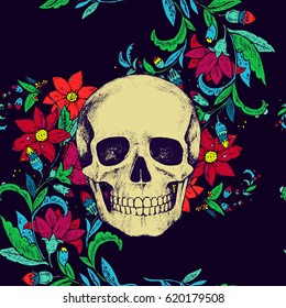Vintage seamless pattern with flowers and human skull. Black background. Vector illustration. 
