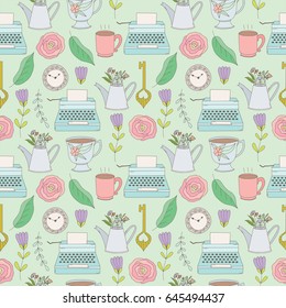 Vintage seamless pattern with flowers, keys, typewrit, leaves, cups and mugs, clocks and kettles. Repeatable retro background for textile, wallpapers, etc.