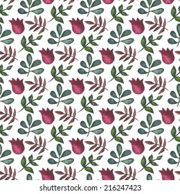Vintage seamless pattern with flowers and leaves. Watercolor paint. Nature theme.