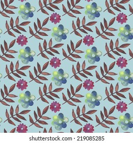 Vintage seamless pattern with flowers and leaves. Watercolor paint. Nature theme.