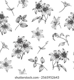 Vintage seamless pattern flowers and leaves of Clematis. Black white. Hand drawn elements. Monochrome Floral vector background for design textile, paper, fabric, wallpaper, fashionable clothes