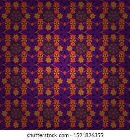 Vintage seamless pattern a lot of flowers in orange, purple and brown colors. Hand drawn, separated editable elements. Imitation embroidery. Vector illustration.