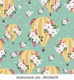 Vintage seamless pattern with flying floral balloons (vector seamless pattern)