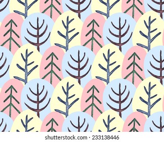 Vintage seamless pattern with forest. Watercolor paint. Winter theme. Can be used as decoration for the gift boxes, wallpapers, backgrounds, web sites. 