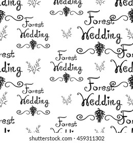 Vintage seamless pattern with forest wedding lettering and double twig. Background for eco forest wedding or autumn celebrations. Black floral rustic symbols and elements on white hand drawing style.
