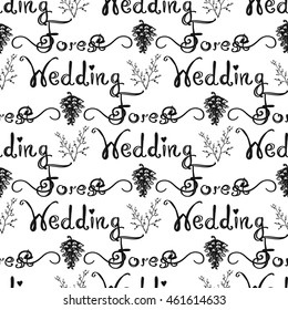 Vintage seamless pattern with forest wedding lettering pine cone, twig. Background for eco forest wedding or autumn celebrations. Black floral rustic symbols and elements on white hand drawing style.