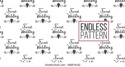 Vintage seamless pattern with forest wedding lettering. Background for eco forest wedding or autumn celebrations. Black floral rustic symbols and elements on white hand drawing style.