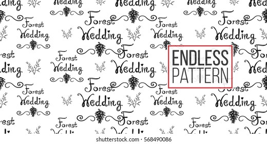 Vintage seamless pattern with forest wedding lettering and double twig. Background for eco forest wedding or autumn celebrations. Black floral rustic symbols and elements on white hand drawing style.