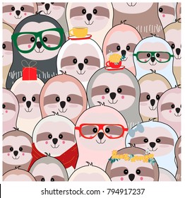 Vintage seamless pattern of a funny lovely cute sloth in pink grey pastel cartoon background vector, doodle comic art illustration