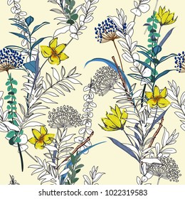 Vintage Seamless Pattern garden flowers and leaves, line hand drawn style Isolated on light beige color. Botanical Floral Decoration Texture. unfinished Style Design for Fabric Print, Wallpaper Vintage Seamless Pattern garden flowers and leaves, line hand drawn style Isolated on light beige color. Botanical Floral Decoration Texture. unfinished Style Design for Fabric Print, Wallpaper
