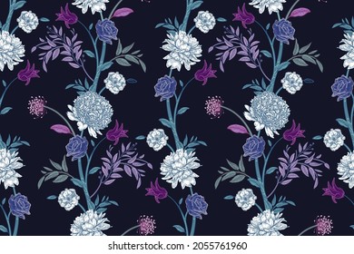 Vintage seamless pattern. Garden flowers roses and peonies on black background. Handmade graphics. Victorian style. Textiles, paper, wallpaper decoration. Vintage cover. Vector.