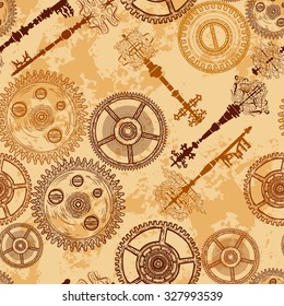 Vintage seamless pattern with gears of clockwork and antique keys on aged paper background. Retro hand drawn vector illustration.
