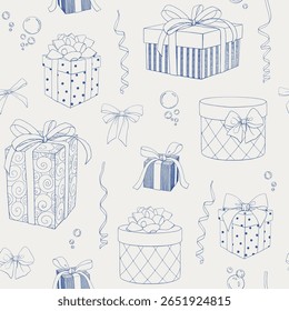 Patrón inconsútil de Antiguas con las cajas de regalo, los lazos, las cintas, las burbujas. Azul beige. Elemento dibujado a mano. Fondo de Vector lineal elegante para el paquete de diseño, vacaciones, papel de embalaje, decoración año nuevo, cumpleaños
