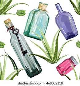 Vintage seamless pattern with glass bottles and plants. Hand drawn repeating texture with antique jar, aloe vera, key on white background