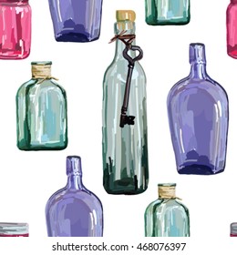 Vintage seamless pattern with glass bottles. Hand drawn repeating texture with antique jar, bottles, key on white background