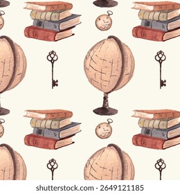 Vintage seamless pattern with globe, keys, old books, and pocket watches in soft watercolor. Elegant retro academic theme perfect for history lovers, libraries, or stationery branding.
