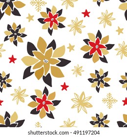 Vintage seamless pattern with gold, black and red Christmas poinsettia flowers, snowflakes and stars. Can be used for  gifts,  scrapbooking, wallpapers, backgrounds, web sites. Winter holiday pattern