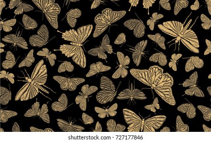 Vintage seamless pattern with gold embroidered dragonflies and butterflies for textile or book covers, manufacturing, wallpapers, print, gift wrap