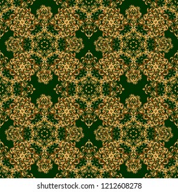Vintage seamless pattern with gold gradient. Elegant golden invitation card with vector floral decor of gold ornament and green background.