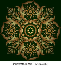 Vintage seamless pattern with gold gradient. Elegant golden invitation card with vector floral decor of gold ornament and green background.
