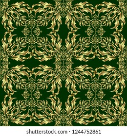 Vintage seamless pattern with gold gradient. Elegant golden invitation card with vector floral decor of gold ornament and green background.