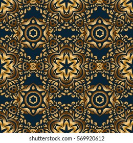 Vintage seamless pattern with gold gradient. Elegant golden invitation card with vector floral decor of gold ornament and blue background.