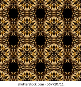 Vintage seamless pattern with gold gradient. Elegant golden invitation card with vector floral decor of gold ornament and black background.