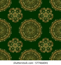 Vintage seamless pattern with gold gradient. Elegant golden invitation card with vector floral decor of gold ornament and green background.