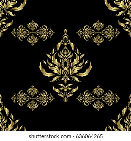 Vintage seamless pattern with gold gradient. Elegant golden invitation card with vector floral decor of gold ornament and black background.