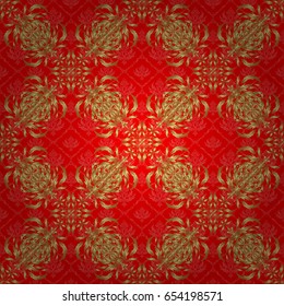 Vintage seamless pattern with gold gradient. Elegant golden invitation card with vector floral decor of gold ornament and red background.