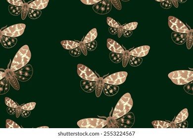 Vintage Seamless pattern. Gold night butterfly on deep green background. Vector illustration of insects. Nature background for paper, wallpaper, curtains, textiles,  interior decorations.