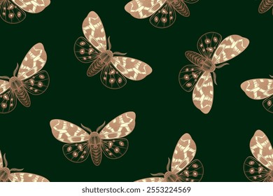 Vintage Seamless pattern. Gold night butterfly on deep green background. Vector illustration of insects. Nature background for paper, wallpaper, curtains, textiles,  interior decorations.