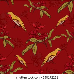 Vintage seamless pattern with golden birds and red flowers