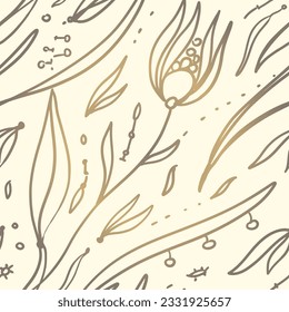 Vintage seamless pattern - golden fantasy tulips and lines. Outlines. Doodles. Boho. Elegant romantic design.