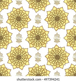 Vintage seamless pattern with golden lotus flowers and abstract figures. Without substrate. Vector