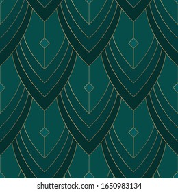 Vintage Seamless Pattern Golden On Green Background. Art Deco Style.