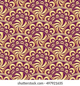 Vintage seamless pattern with golden and purple gradient circles, vector