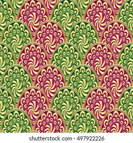 Vintage seamless pattern with golden-green-purple gradient flowers, vector