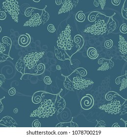 Vintage Seamless Pattern with Grape Bunches and Hand Drawn Spiral Doodle. Contour Chaotic  Celadon Grapes on the Dark Blue Background. Vector EPS 10