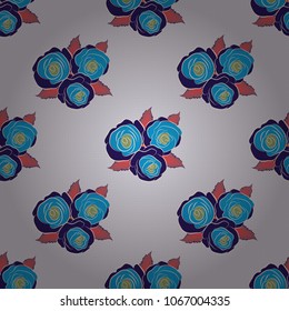 Vintage seamless pattern in gray and blue colors. Hand written vector rose flowers and leaves, stamps, keys.