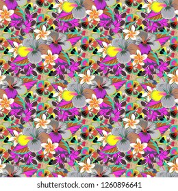 Vintage seamless pattern in gray, brown and green colors. Hand written vector hibiscus flowers, stamps, keys.