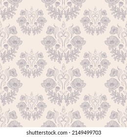 Vintage seamless pattern of Gray graceful poppy bud on a beige background. Art nouveau style. Botanical illustration for wallpaper, fabric printing, packaging.