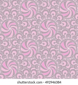 Vintage seamless pattern with gray-pink circles with spirals, vector