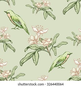 Vintage seamless pattern with green birds and flowers