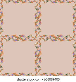 Vintage seamless pattern in green and blue colors. Hand written vector flowers, stamps, keys.